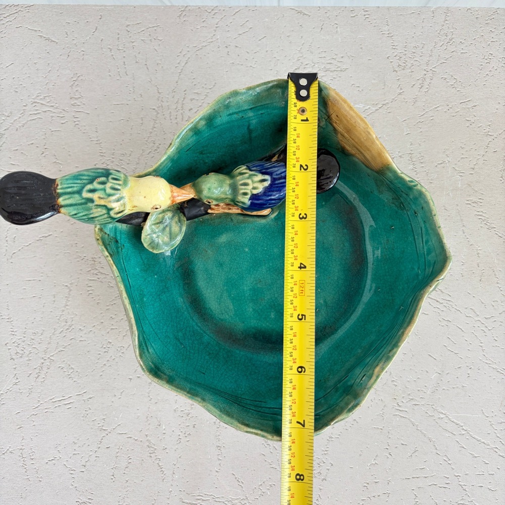 Vintage Artisan Ceramic Bird Bowl Teal Green Crackle Glaze Hand Painted Decor - Picture 11 of 12